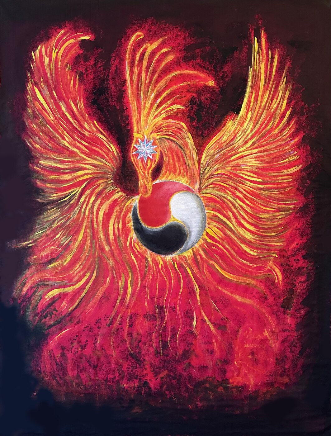 Feu intérieur, Acrylique sur tissu, doublé, 150 × 180 cm
