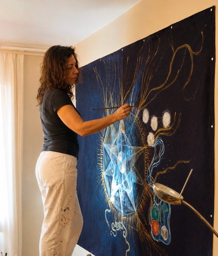 Françoise Delpérée peignant dans son atelier